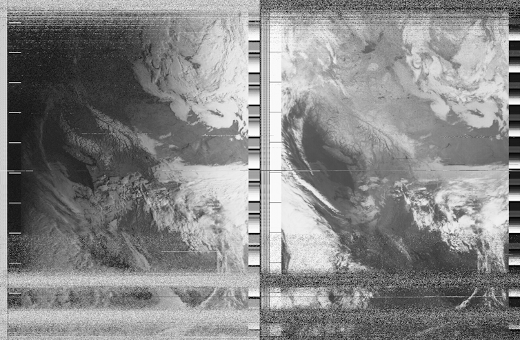 Two black-and-white satellite images side by side showing a stretch of coastline occluded by cloud.