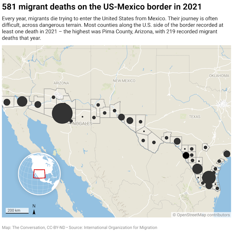 A map of the US-Mexico border. There are black dots that symbolize the number of migrant deaths in the counties along the border.