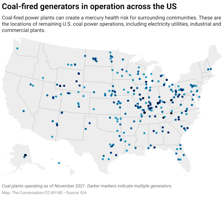 A map of the United States with dots that represent coal-fired generators in operation.