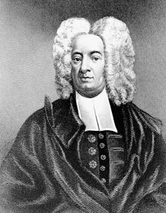 A black and white illustration shows a portrait of a man in a large white wig.