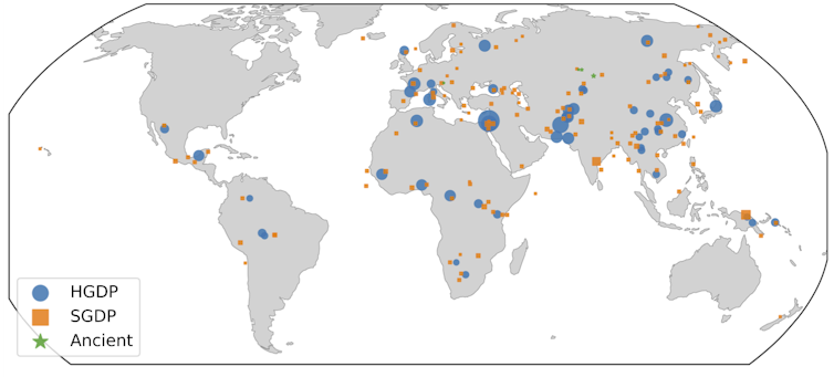 World map with blue and orange dots showing where genome datasets in the study came from.