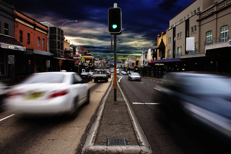 Cars on a busy road in Western Sydney.