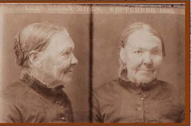 An old woman, facing right, and then facing the camera. 