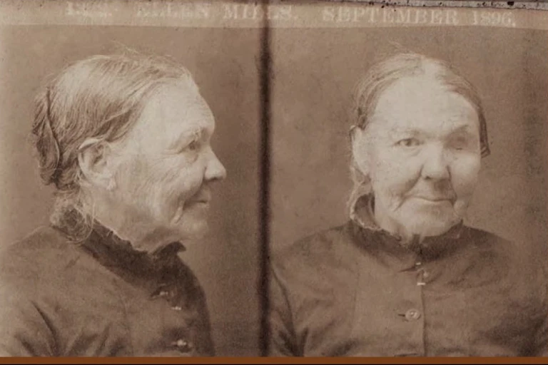 An old woman, facing right, and then facing the camera.