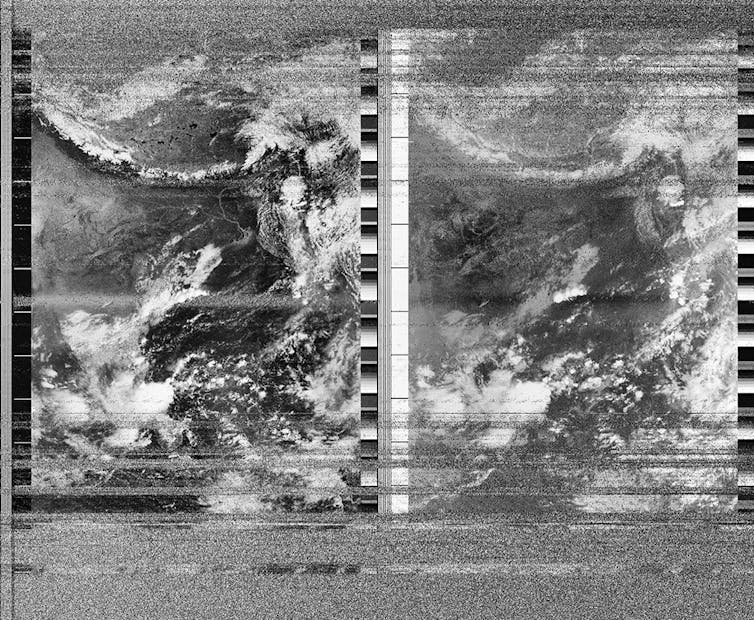 Two black-and-white satellite images side by side showing land and clouds.