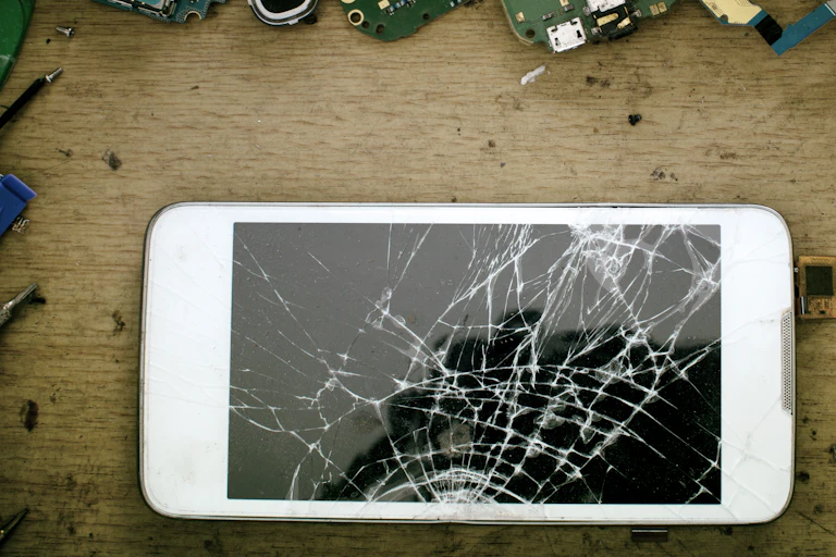 A phone with a broken screen.