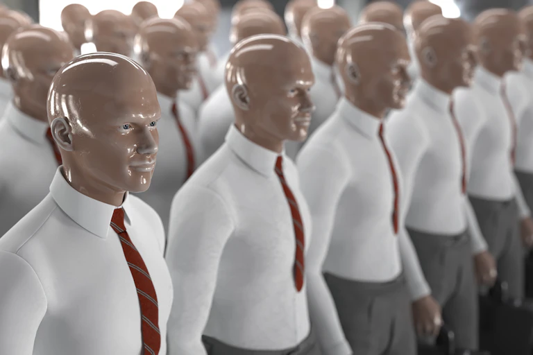An army of identical humanoid mannequins with shiny, bald plastic heads wearing collared shirts and red ties
