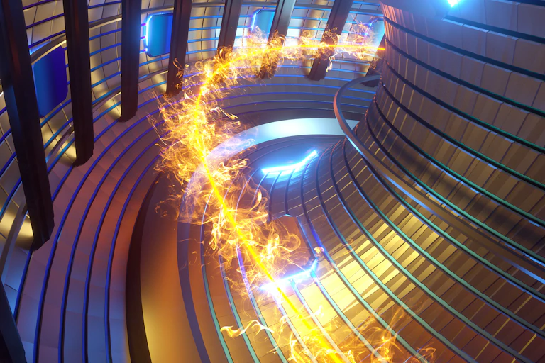 A yellow line representing a fusion reaction inside a chamber.