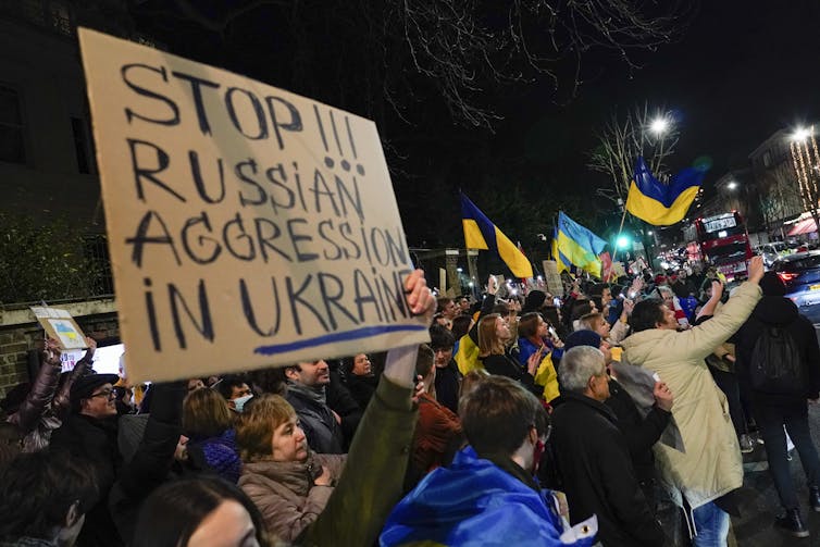 Demonstrators at the Russian Embassy in London.