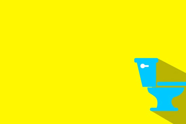 Latar belakang kuning dengan toilet biru di sudut kanan bawah