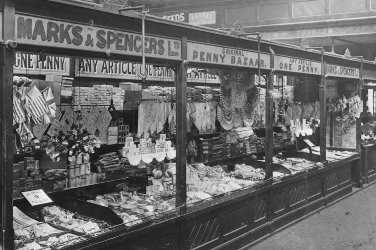 A black and white image of a market stall in 1901.