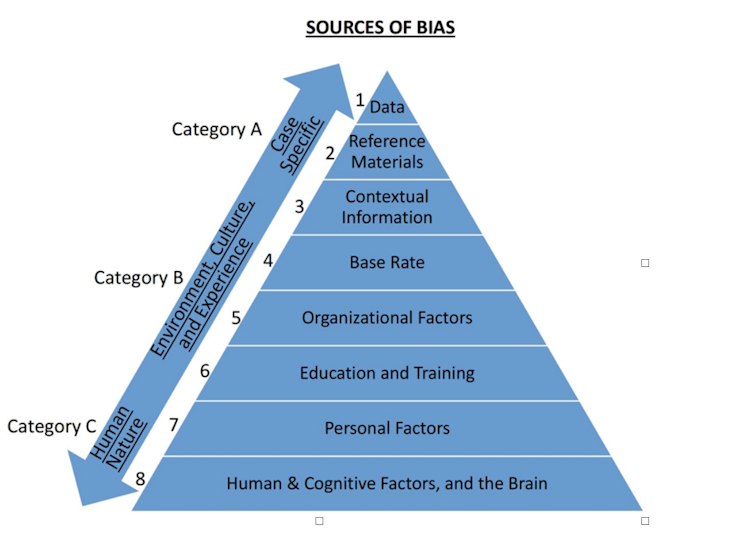 A graphic showing a pyramid shape representing the sources of juror bias in criminal trials.