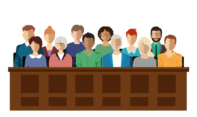 A cartoon-style illustration of a jury, all have blank faces.