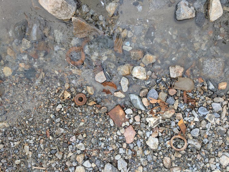 Rusted bits of iron in soil and a melt stream