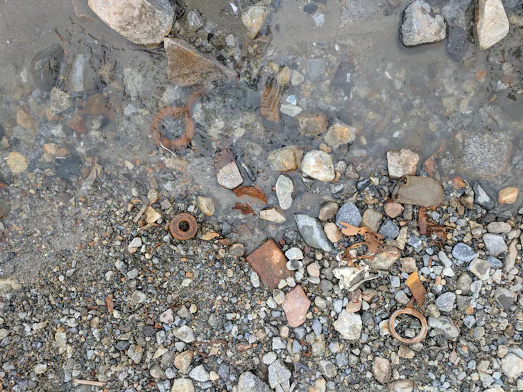 Rusted bits of iron in soil and a melt stream