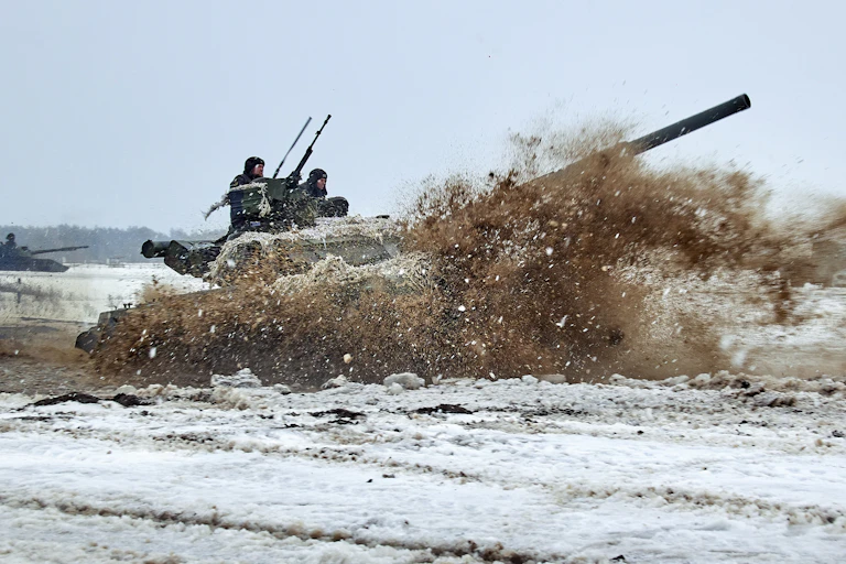 A Ukrainian tank performs training exercises in early February