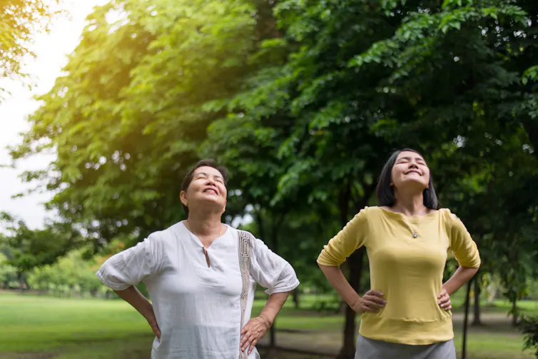 Two people stand with hands on hips smiling into the sun with trees surrounding them.