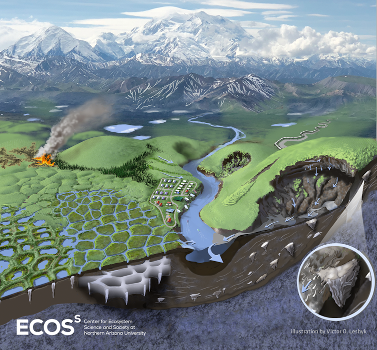 Illustrazione di un paesaggio termocarsico che mostra permafrost, cunei di ghiaccio, poligoni, erosione, lago drenabile e incendi