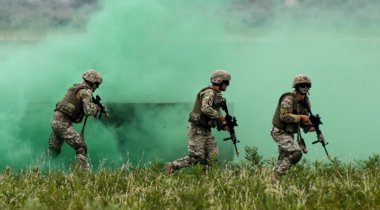 Georgian troops joined large-scale joint military exercises with NATO forces outside Tbilisi, Georgia, on Aug. 1, 2018, on the 10th anniversary of its war with Russia, which strongly opposes Tbilisi’s NATO membership bid. Vano Shlamov/AFP via Getty Images