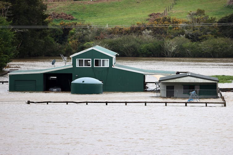 Flooded farm buildings