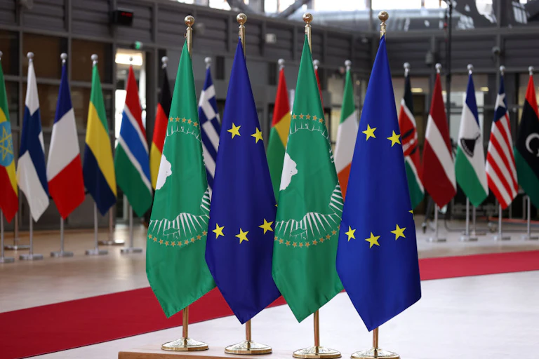 Green and blue flags on display