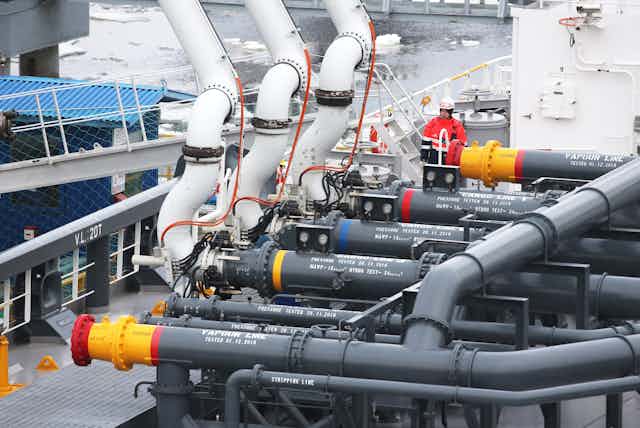 Ship deck covered with network of large pipes