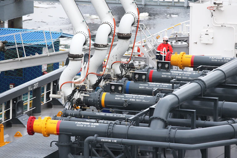 Ship deck covered with network of large pipes