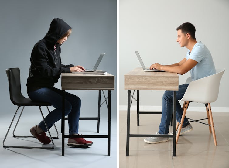 Composite photograph of a man on a laptop sitting across from another person on a laptop wearing a hoodie