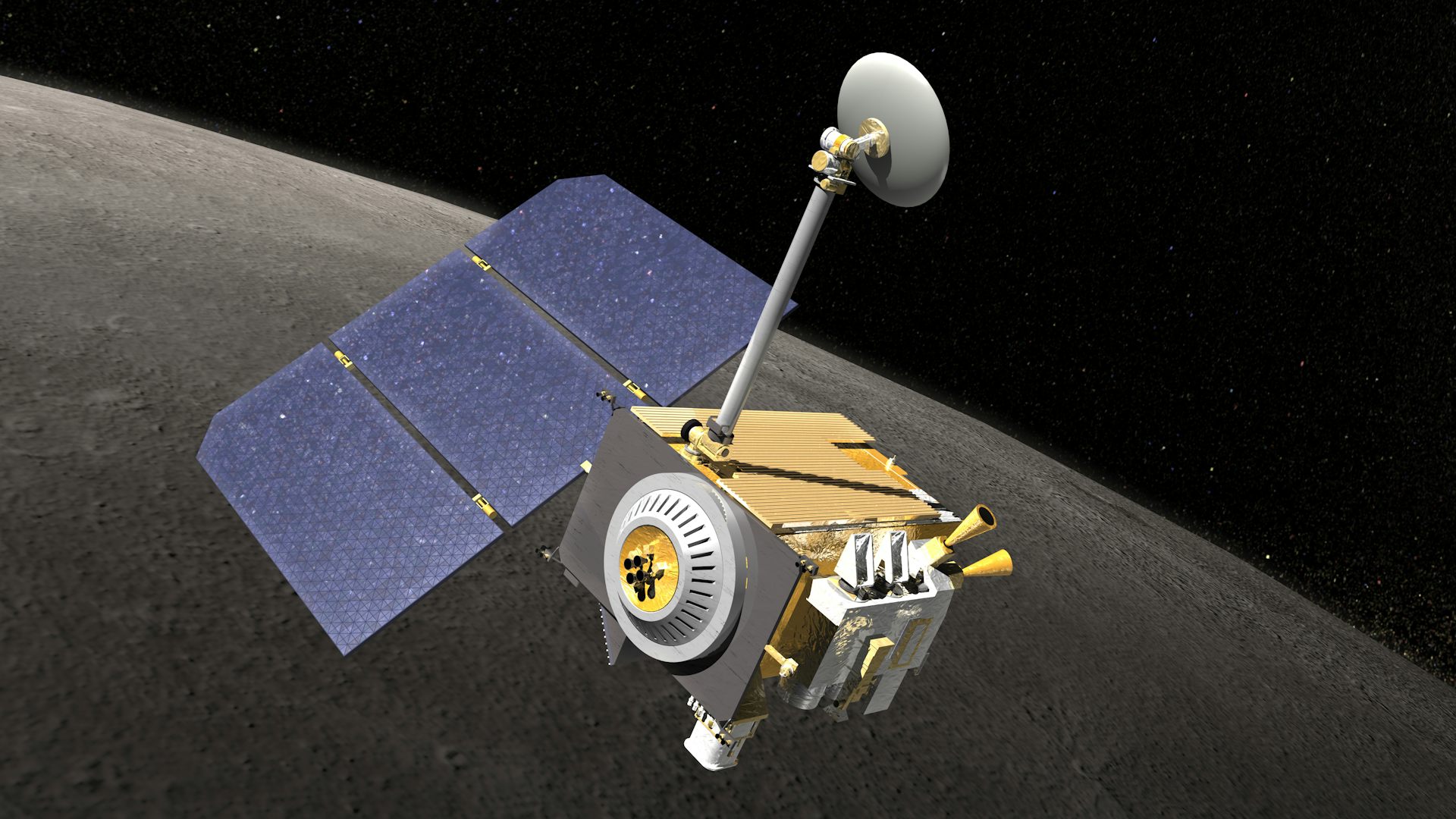A rendering of the Lunar Reconnaissance Orbiter showing a camera, a solar panel and a small antenna