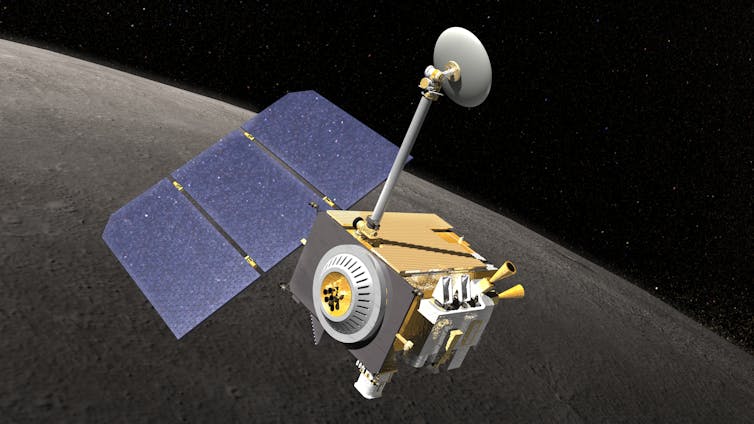 A rendering of the Lunar Reconnaissance Orbiter showing a camera, a solar panel and a small antenna.