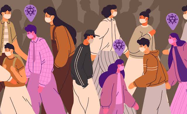 Illustration of a crowd of people wearing face masks, some of them have a virus above their head