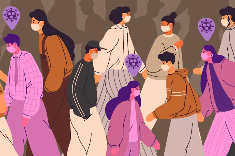 Illustration of a crowd of people wearing face masks, some of them have a virus above their head
