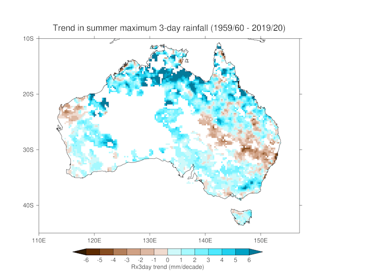 Trends in maximum 3-day rainfall in summer (December-February) from 1959/1960 to 2019/2020