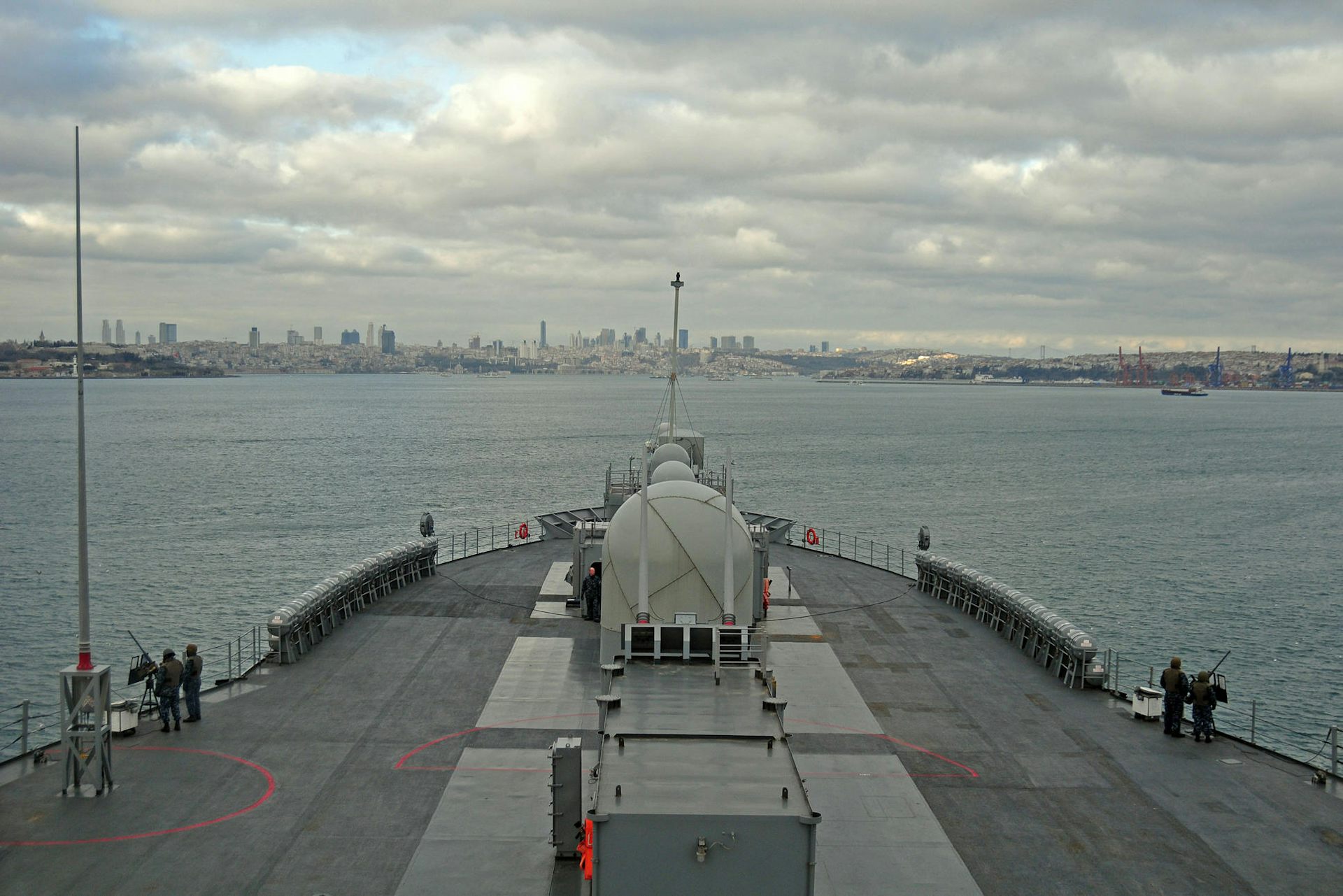 View from ship to distant coastline