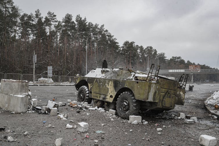 A damaged Ukrainian armored vehicle in the aftermath of an overnight shelling in Ukraine.