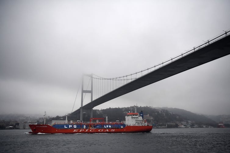 A cargo ship travels under a bridge