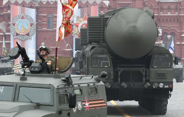 Victory Day parade in Red Square, Moscow, featuring a strategic nuclear warhead.. A s