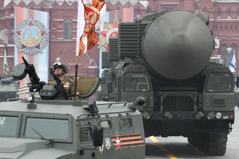 Victory Day parade in Red Square, Moscow, featuring a strategic nuclear warhead.. A s