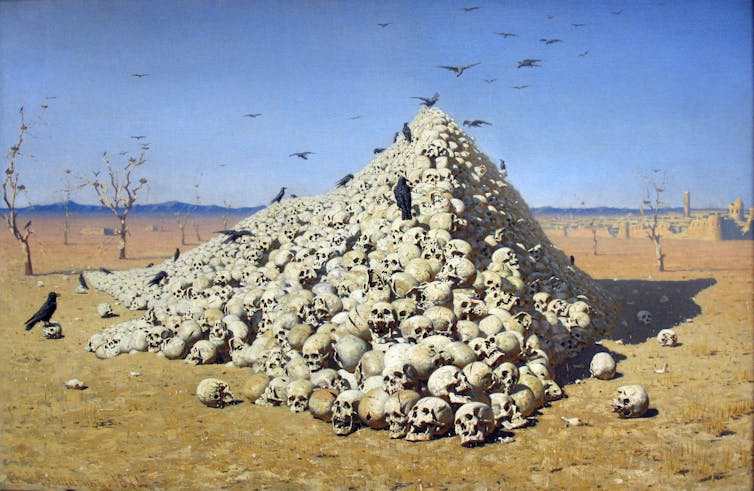 a painting of a flock of crows landing on a large pile of human skulls in a desert landscape