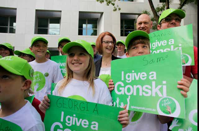 Children at a "I give a Gonski" rally for school funding at Parliament House, Canberra