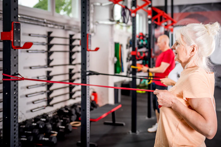 An older woman uses a rubber resistance band to train her arms while in the gym.