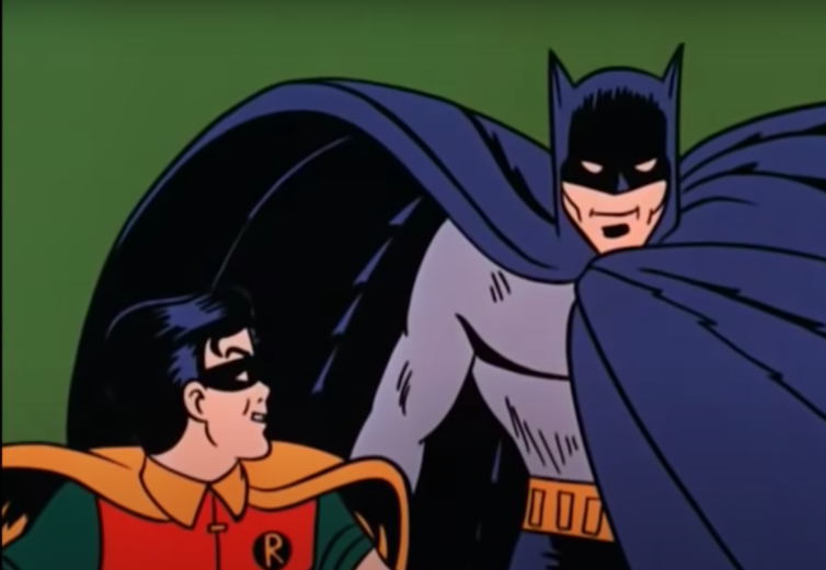 Koyu yeşil bir arka plana karşı Batman ve Robin'in 1960'lardaki çizgi film versiyonları.