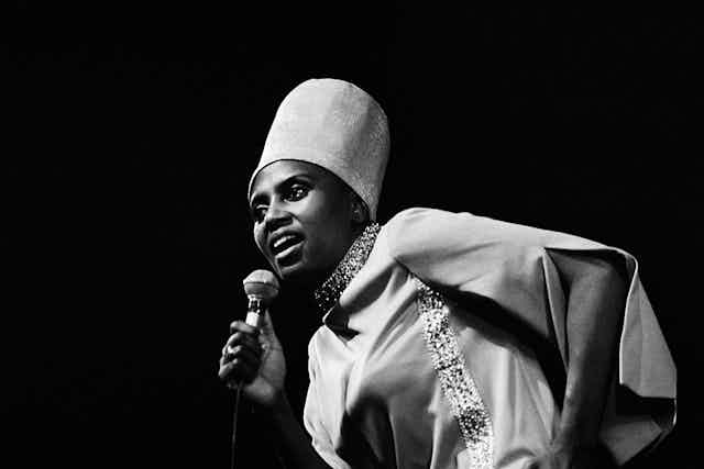 South African singer and civil rights activist Miriam Makeba on stage. 