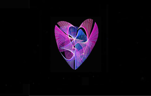 Light painting of heart with purple, blue, and red lines against black background