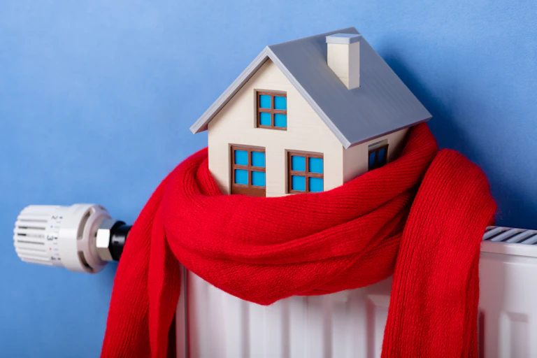 Small model house on a radiator with a red scarf wrapped around it.
