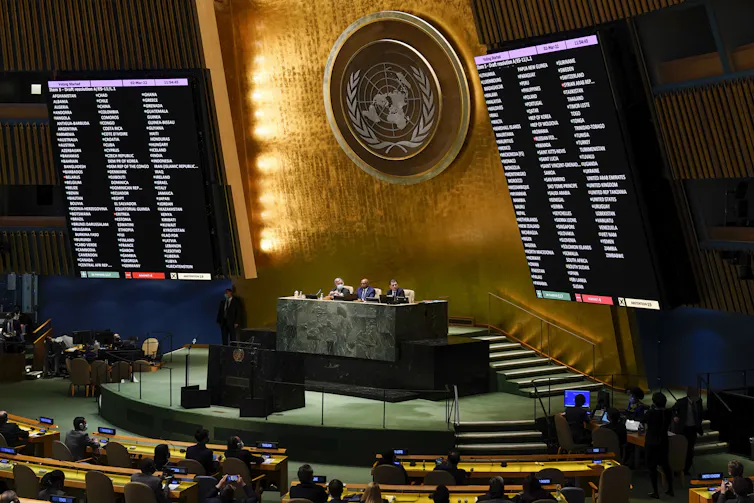 People seated in a vast hall, with a plaque bearing the United Nations logo on the wall.