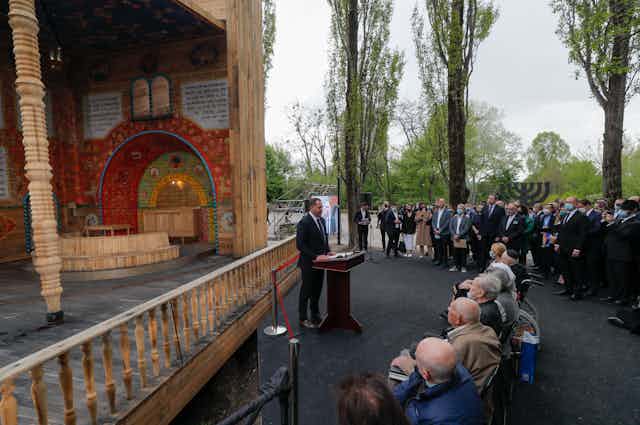 People attend the opening of Babyn Yar Holocaust memorial in Kyiv, Ukraine, 2021