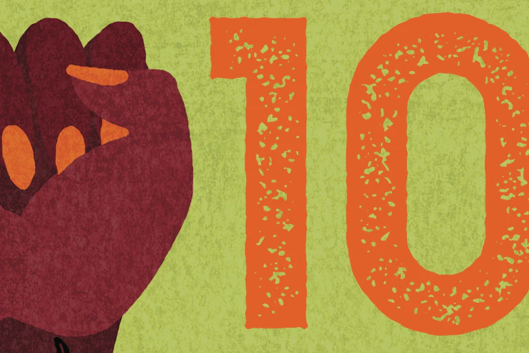 Detail from a book cover showing an illustration of a woman's hand clenched in a fist with orange finger nails next to the letters '10'