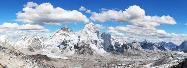 A panorama of the Himalayas with Everest at the centre.