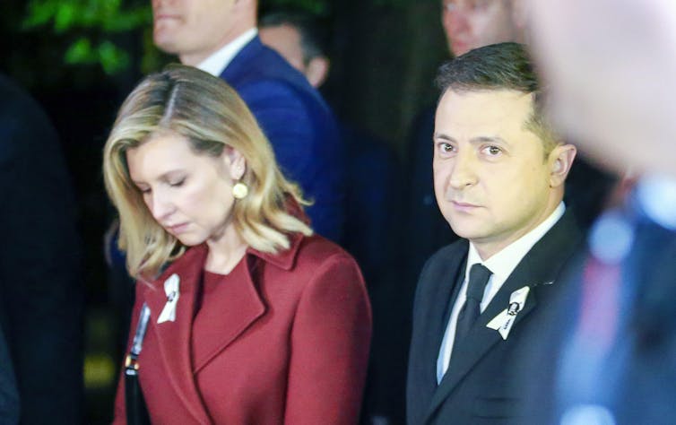 Ukraine president Volodymyr Zelensky and his wife Olena in formal suits with holocaust ribbons in their lapels.